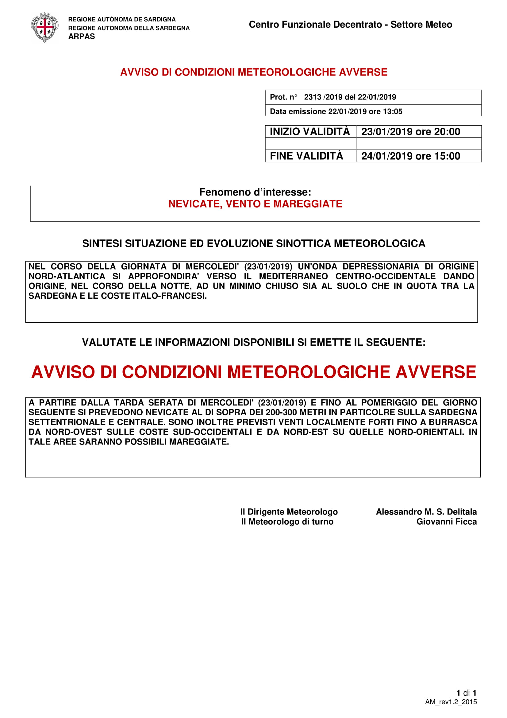AVVISO DI CONDIZIONI METEO AVVERSE