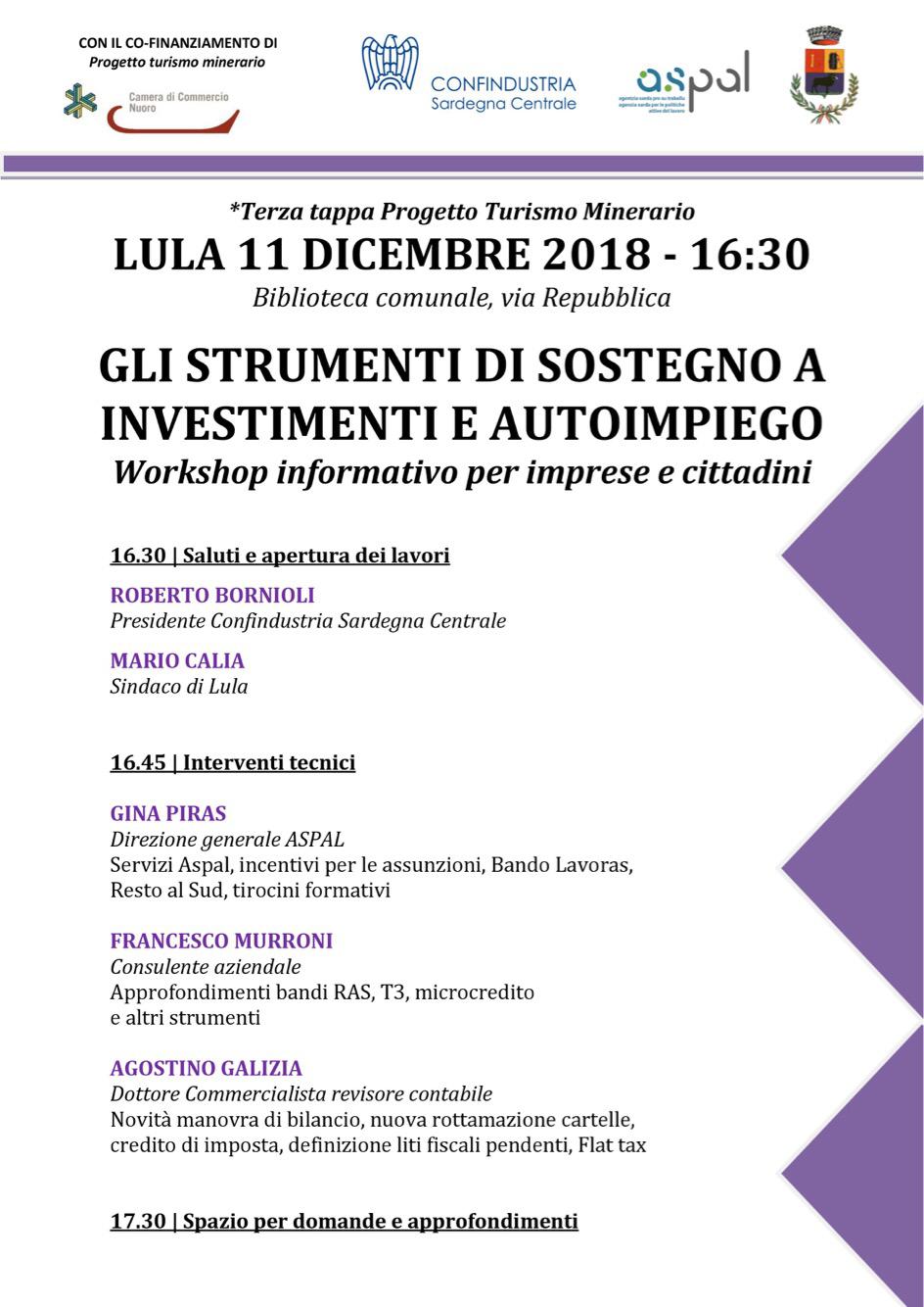 EVENTO INFORMATIVO : STRUMENTI DI SOSTEGNO A INVESTIMENTI E AUTOIMPIEGO 11 dicembre 2018 ore 16,30