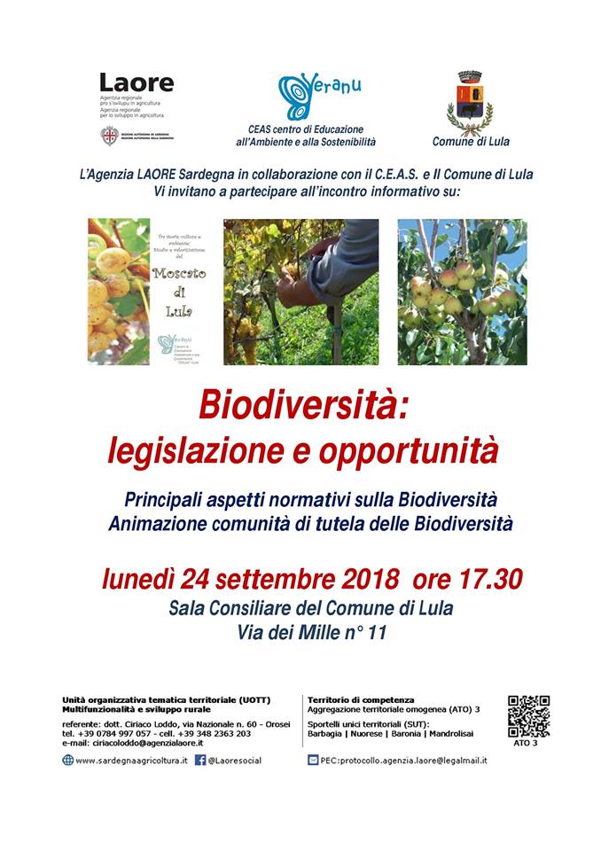 INCONTRO SU BIODIVERSITA' : LEGISLAZIONE E OPPORTUNITA' -24 Settembre 2018 ore 17,30 Aula Consiliare