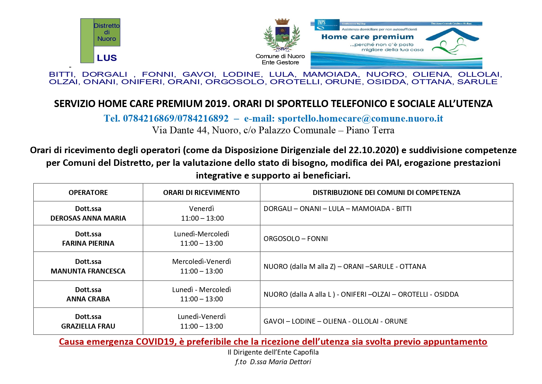 Orari Sportello Plus HOME CARE PREMIUM
