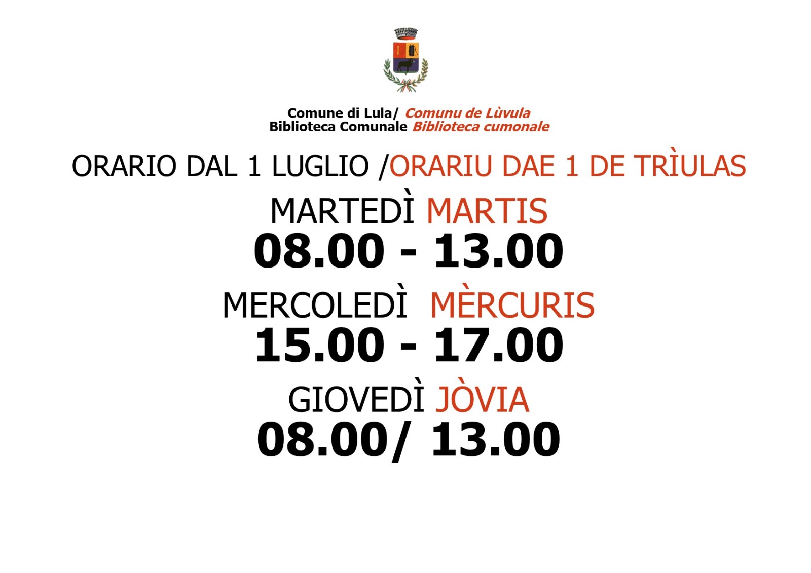 BIBLIOTECA COMUNALE: ORARI DI APERTURA PERIODO ESTIVO